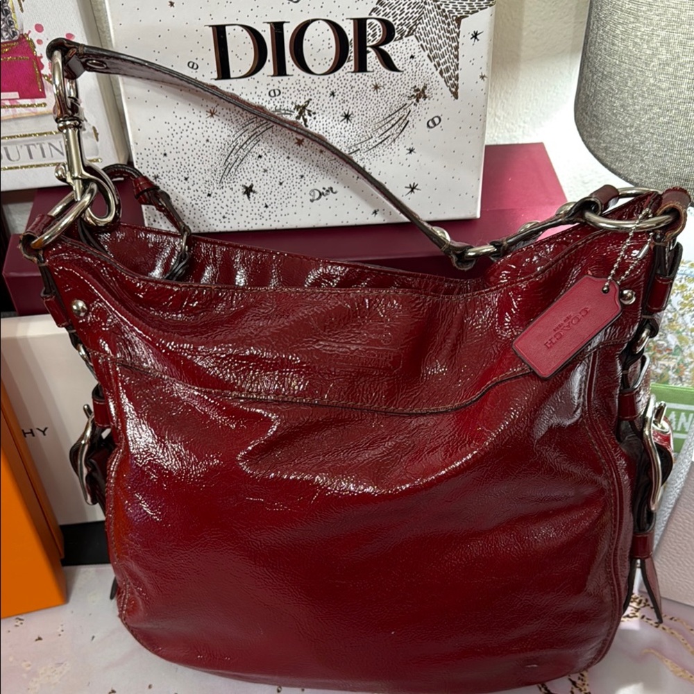 Coach Red Patent Leather Shoulder Bag with Glossy Finish